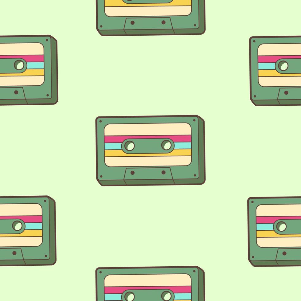 Retro seamless pattern with cassette 70s style. Flat vector illustration