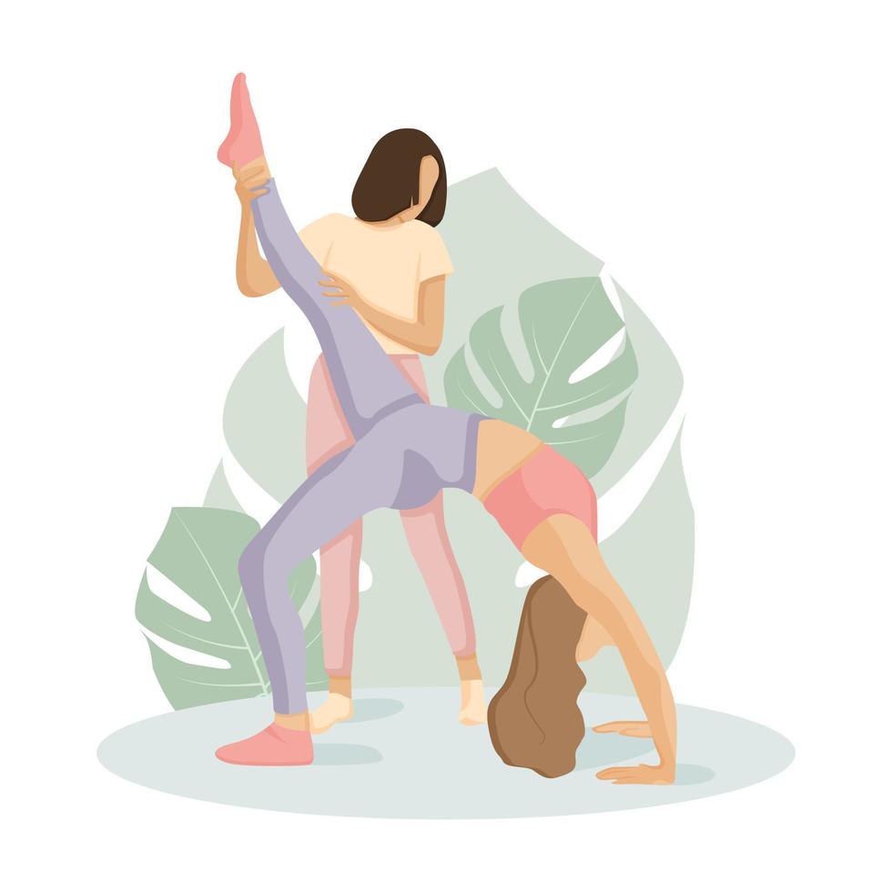 dos chicas haciendo ejercicios de yoga. cartel de yoga con hojas en el fondo vector