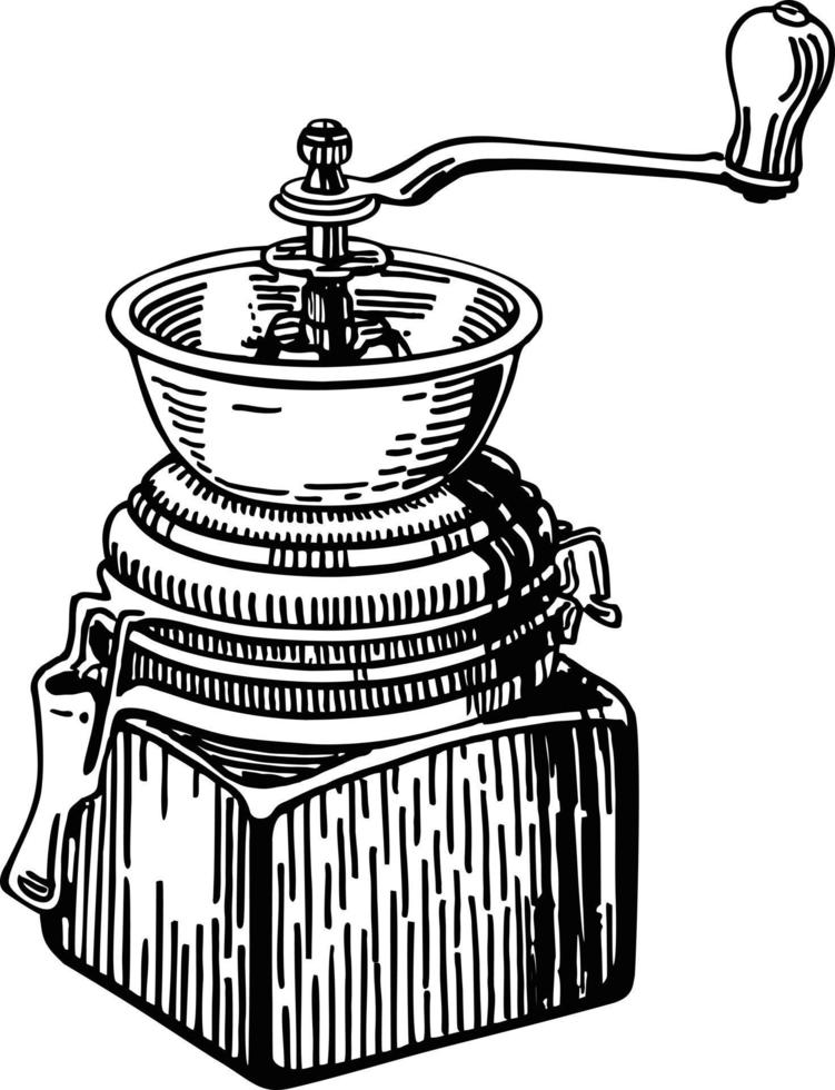 Molinillo de café manual retro. molinillo de café. estilo de boceto dibujado a mano. ilustración de grabado de vector negro vintage para etiqueta, web