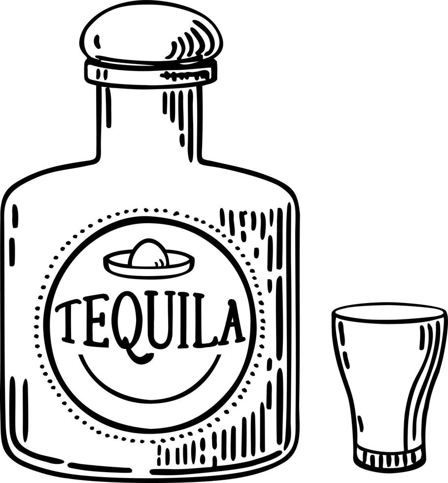 Hand drawn bottle of tequila with a glass. Glass Bottle with strong drink. Vintage Mexican tequila badge. Hand Drawn engraved sketch for t-shirt. Vector illustration, ink sketch