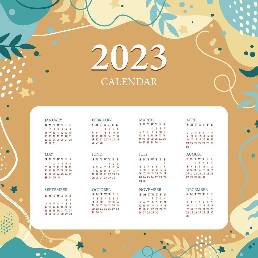 Aesthetic leaves 2023 calendar template vector