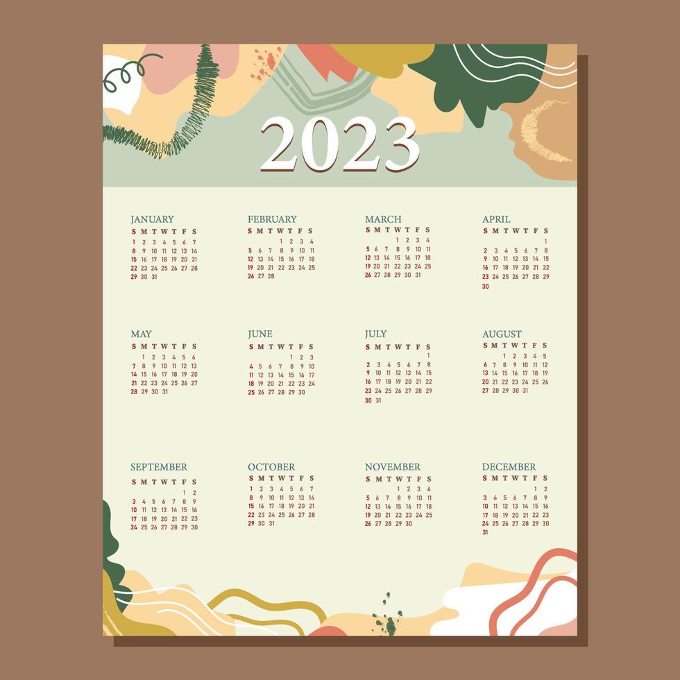 Hand drawn aesthetic 2023 calendar template vector