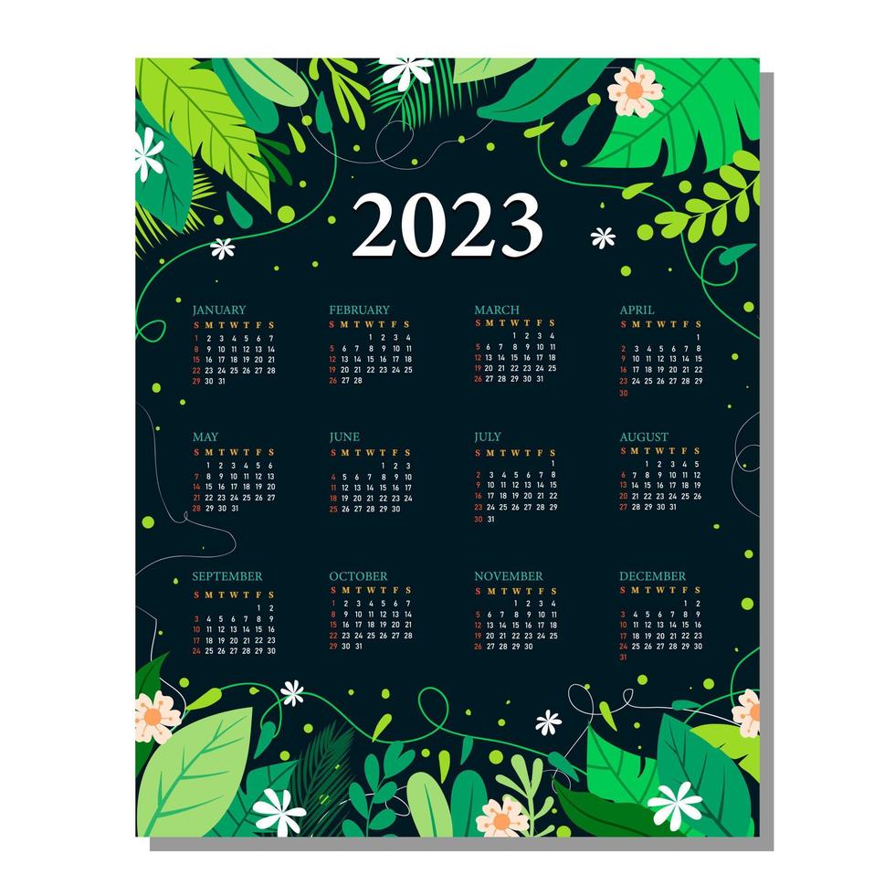 plantilla de calendario 2023 de hojas de naturaleza de verano dibujada a mano vector