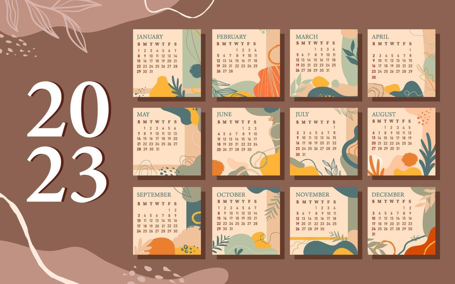 plantilla de calendario 2023 de naturaleza abstracta dibujada a mano vector