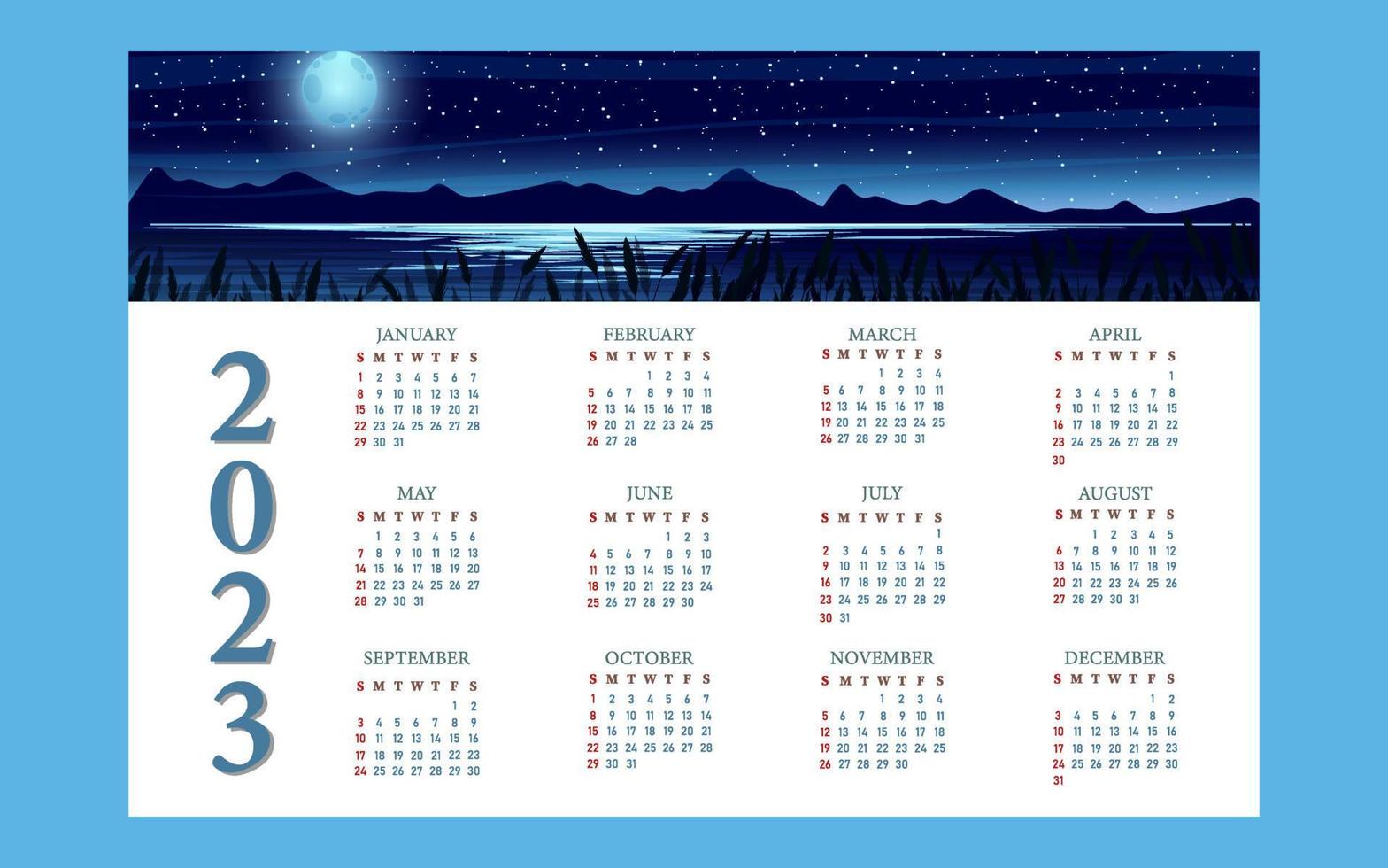 Flat landscape nature 2023 calendar template vector