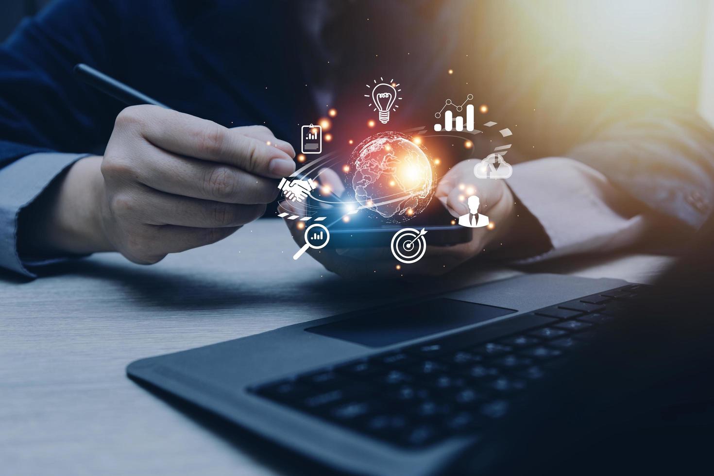 woman Hand holding virtual Global Internet connection metaverse. Business global internet connection application technology and digital marketing, Financial and banking, Digital link tech, big data. photo