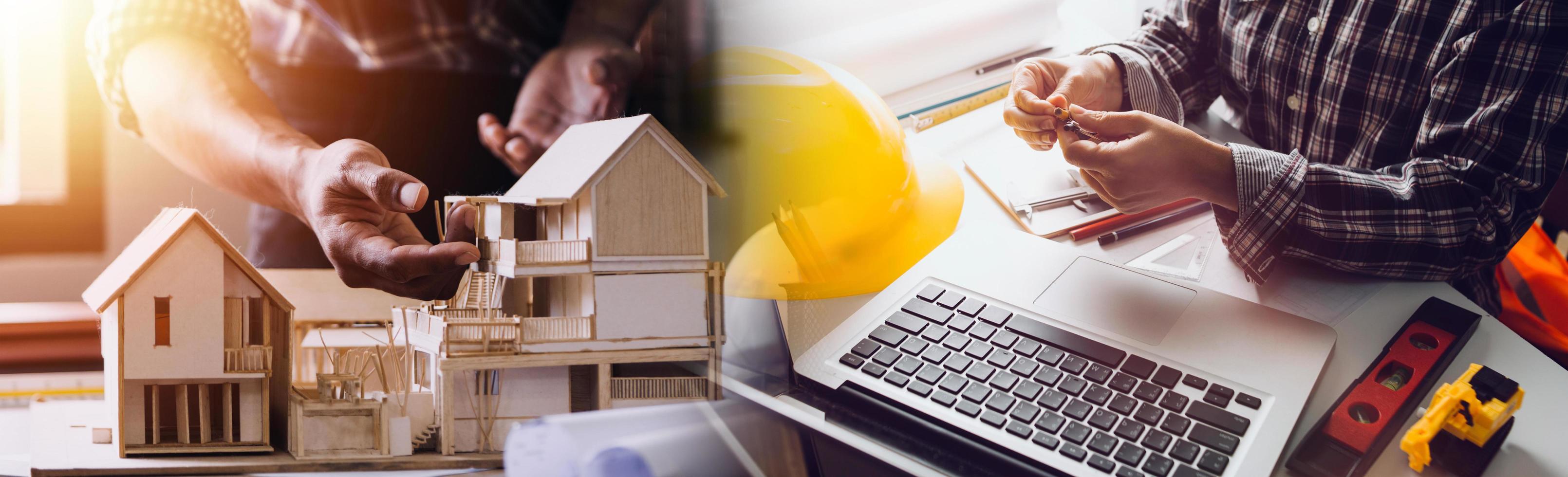 Two colleagues discussing data working and tablet, laptop with on on architectural project at construction site at desk in office photo