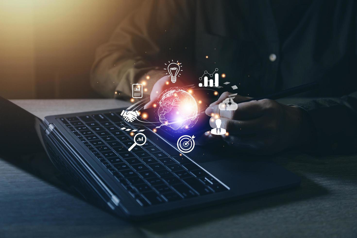 woman Hand holding virtual Global Internet connection metaverse. Business global internet connection application technology and digital marketing, Financial and banking, Digital link tech, big data. photo