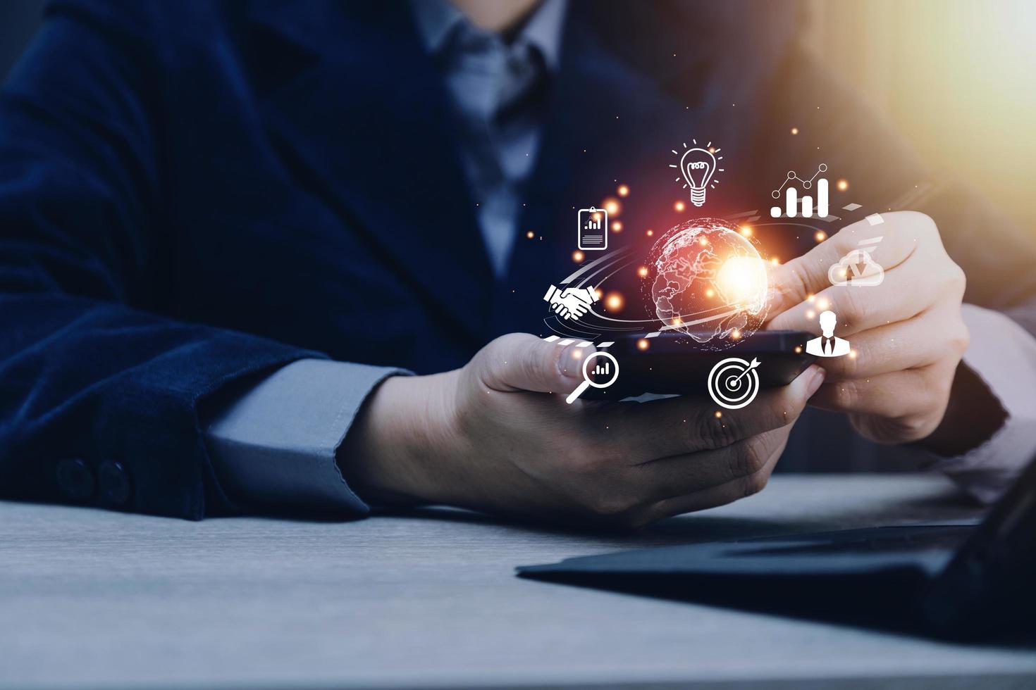 woman Hand holding virtual Global Internet connection metaverse. Business global internet connection application technology and digital marketing, Financial and banking, Digital link tech, big data. photo