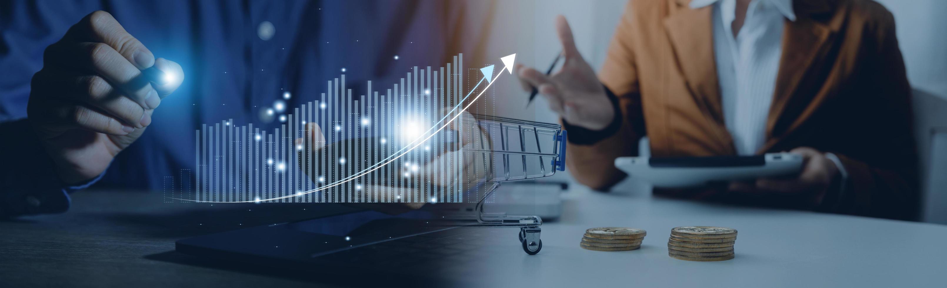 business finance technology and investment concept. Stock Market Investments Funds and Digital Assets. businessman analyzing forex trading graph financial data. Business finance background. photo