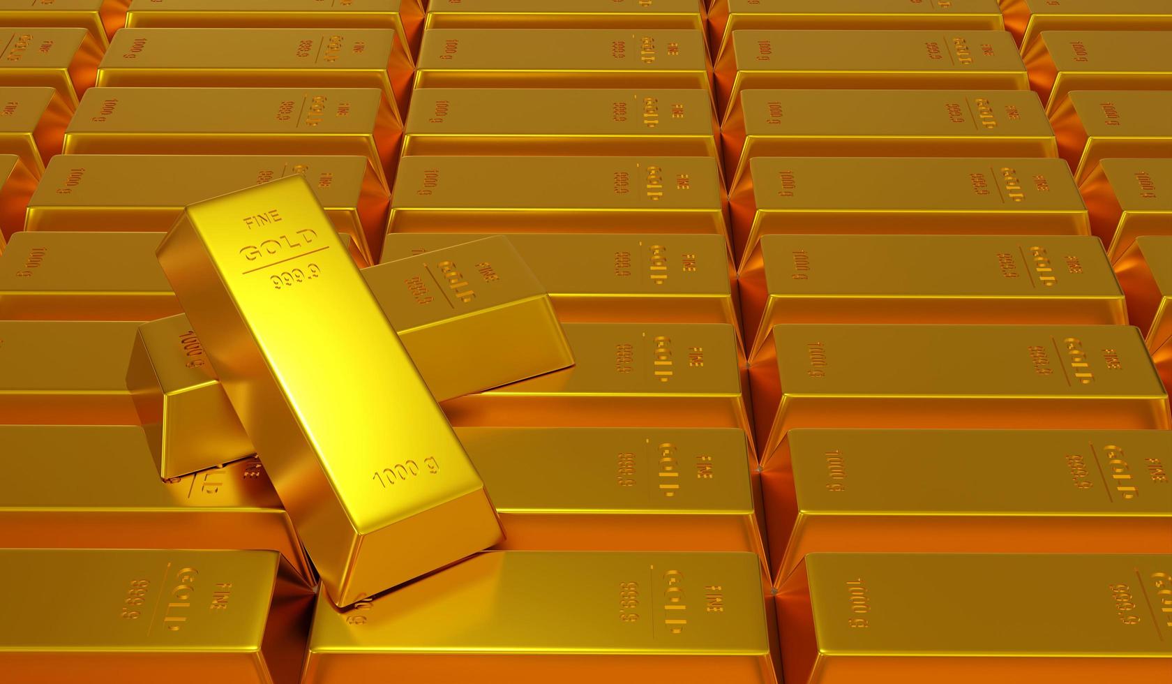 Gold Bullion, Fine Gold bars, gold treasury. Concept of banking, business, investment and exchange rates, Gold market. 3D render illustration photo
