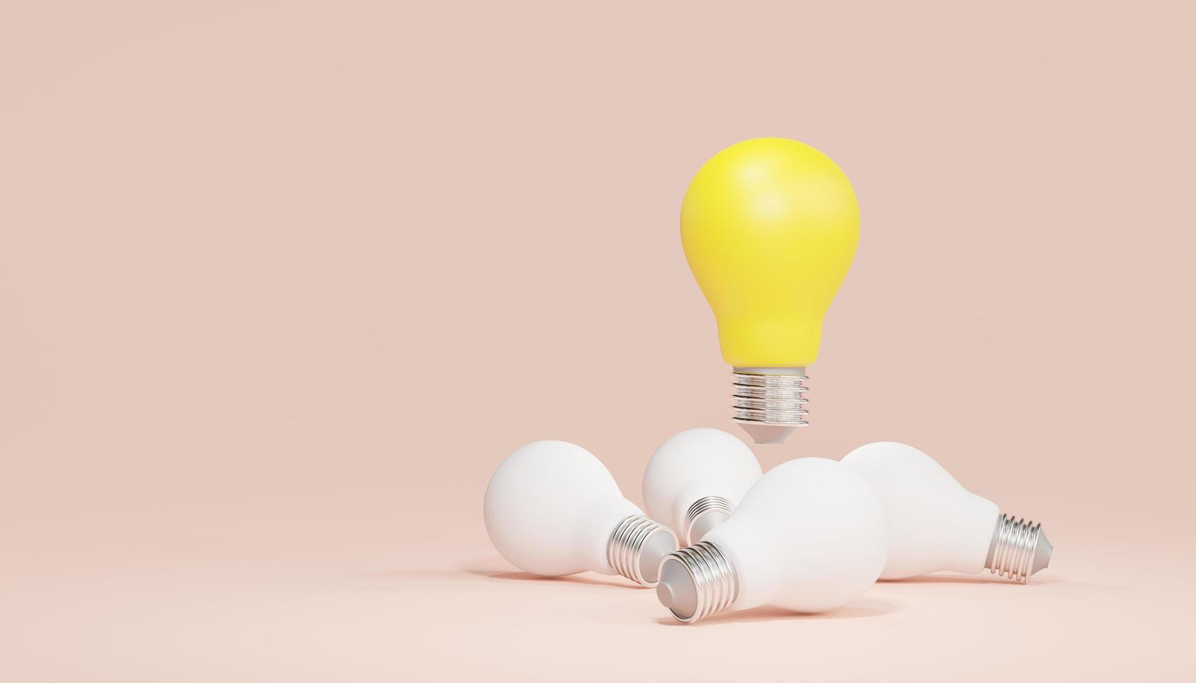 Glowing light bulbs among white bulbs. concept of inspiration New innovations and ideas with the bulb of starting a business or Creative human thinking aimed at success. 3D render illustration. photo