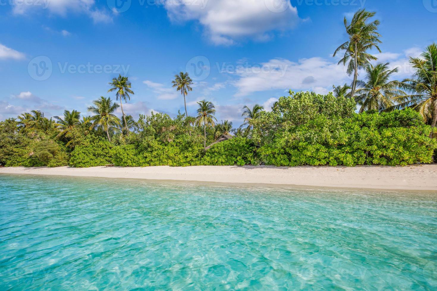 playa tropical del océano de las islas maldivas. laguna marina exótica, palmeras sobre arena blanca. paisaje idílico de la naturaleza. increíble costa escénica de playa, brillante sol de verano tropical y cielo azul con nubes claras foto