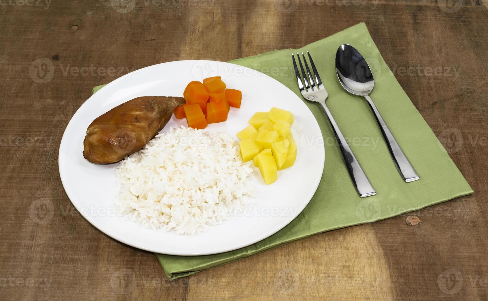 Rice dish with fried chicken breast photo