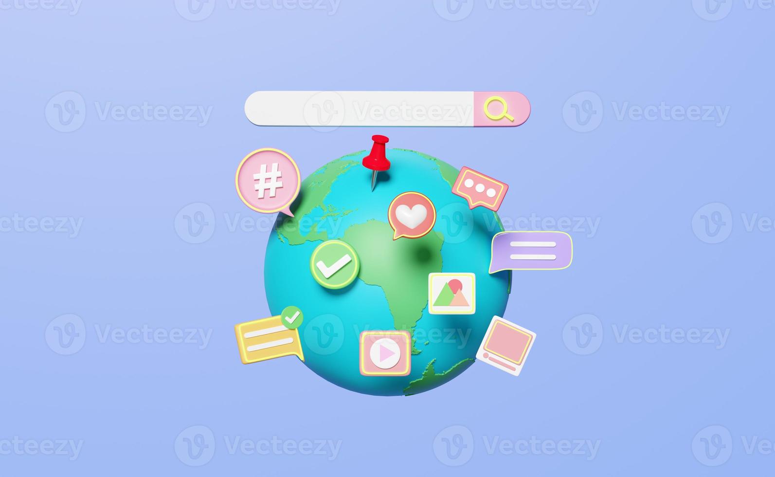 3d social media on earth with chat bubbles, search bar isolated on blue background. online social, communication applications seo concept, 3d render illustration photo