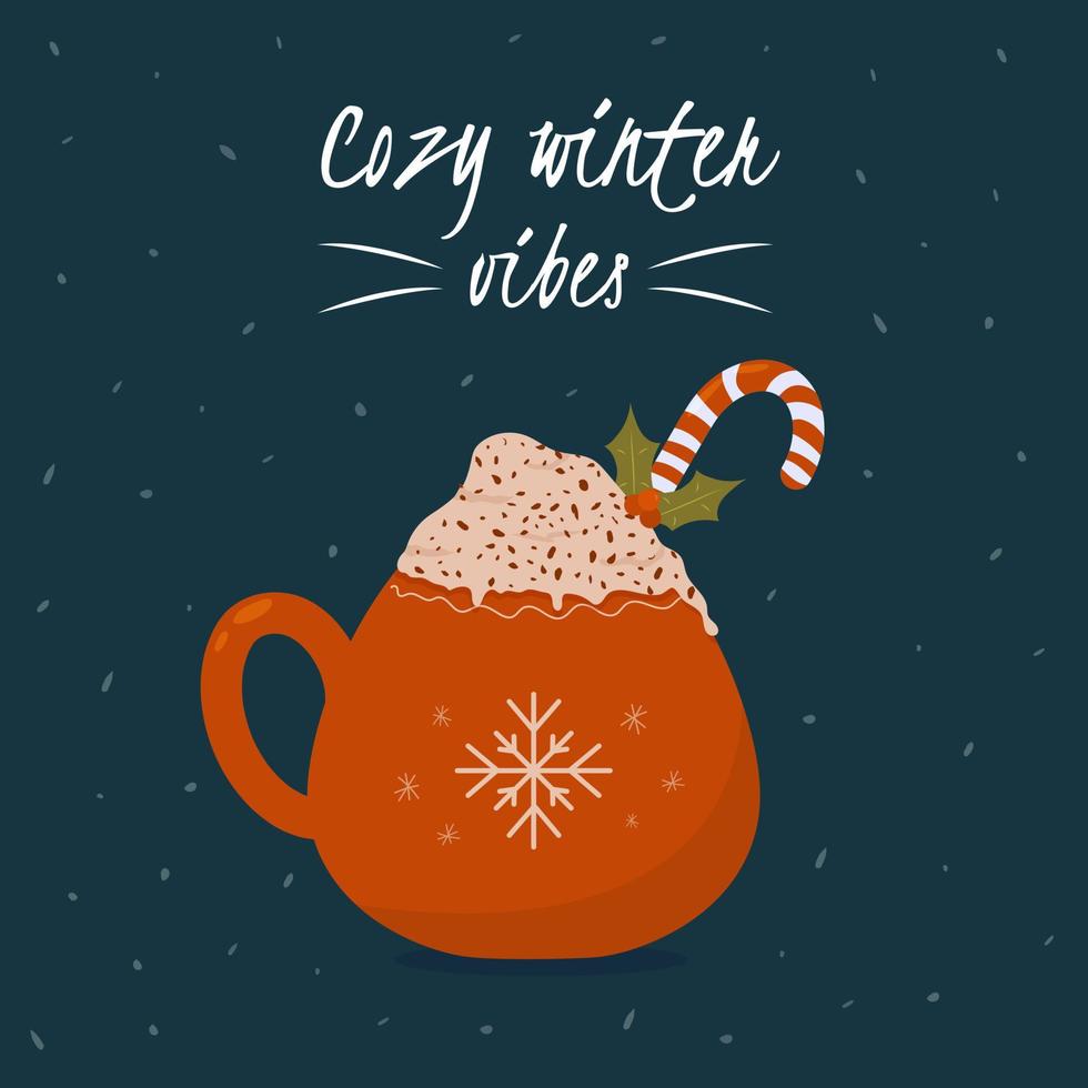 Christmas mug with winter hot drink. Isolated cozy cup with cocoa, cream foam and chocolate drops. Hand drawn flat illustration vector