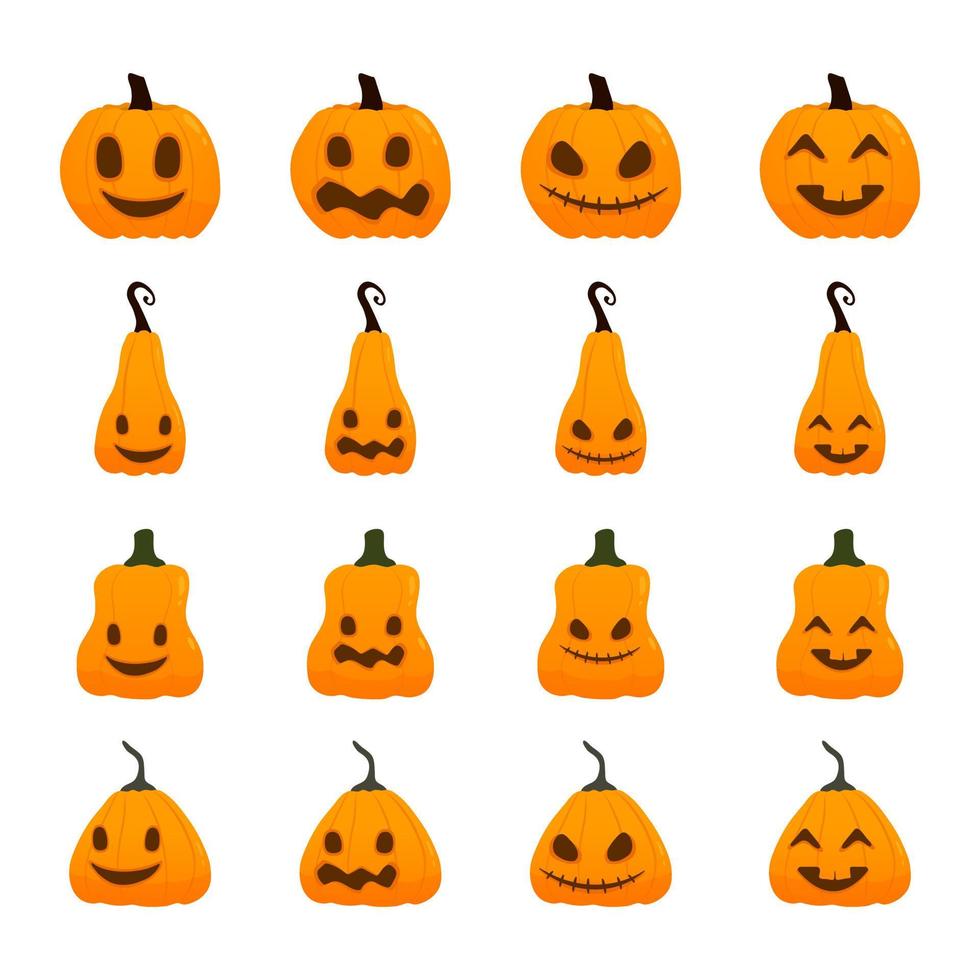 Set of cute cartoon Halloween pumpkin illustrations with carved spooky faces vector