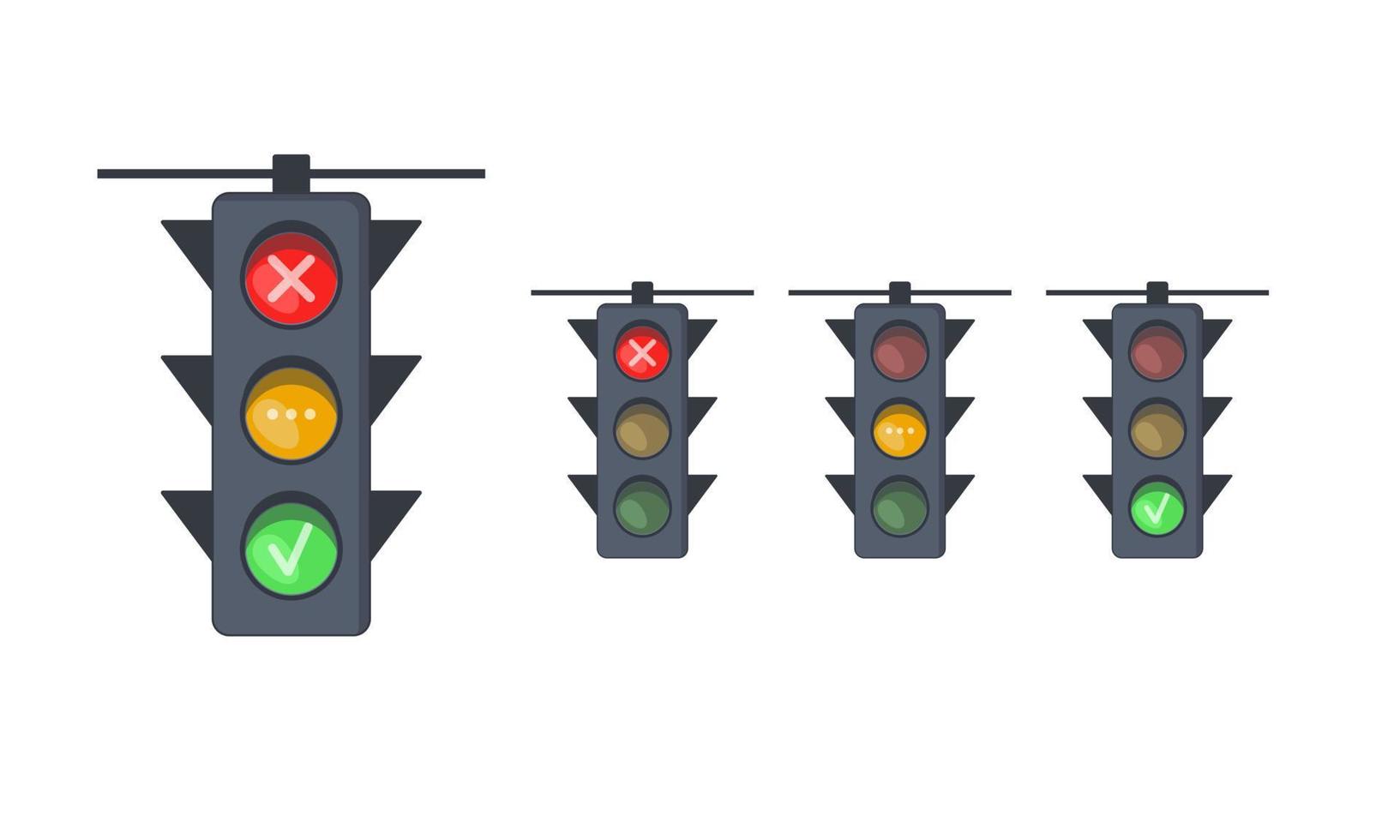 conjunto de semáforos con señales rojas, amarillas y verdes. semáforos con señales de prohibición, permiso y espera. equipos para control de movimiento de carreteras. vector