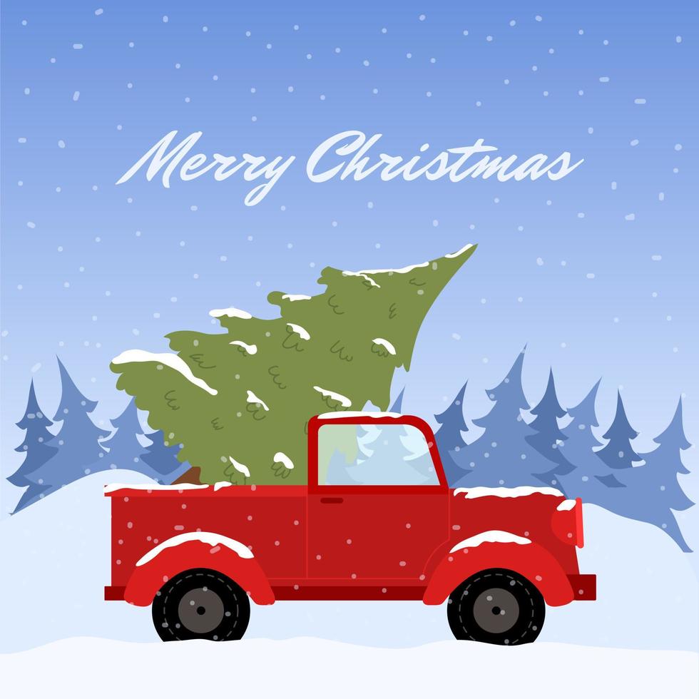 Merry Christmas and Happy New Year Postcard or Poster or Flyer template with retro pickup truck with christmas tree. Vintage styled vector illustration.