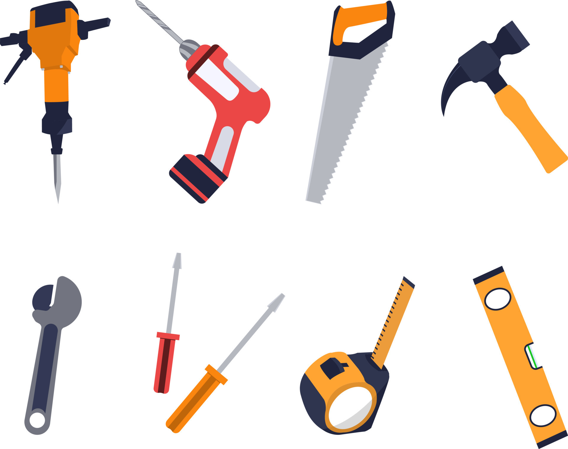Building and repair tools icons, construction tools kit set drill
