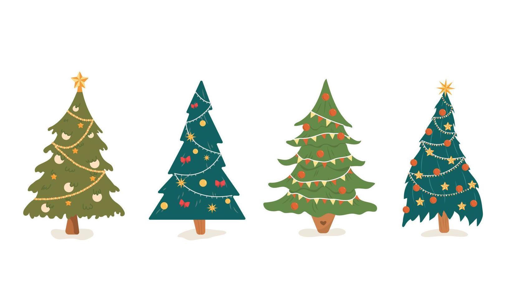 Set of isolated christmas trees on white background. Decorated