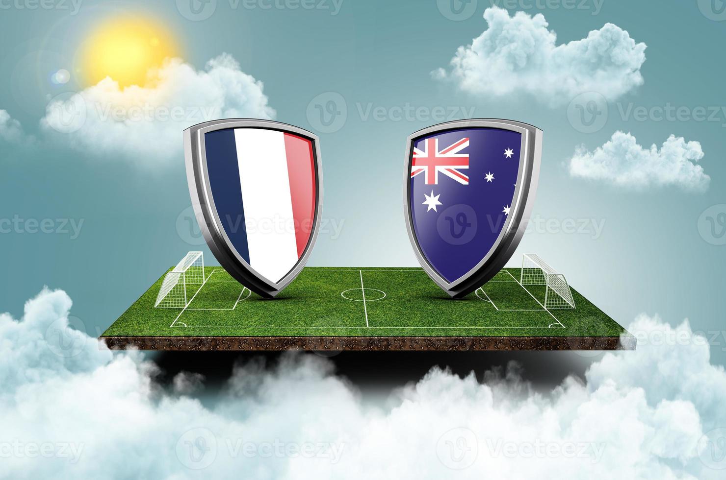 francia vs australia versus concepto de fútbol de banner de pantalla. estadio de fútbol, ilustración 3d foto