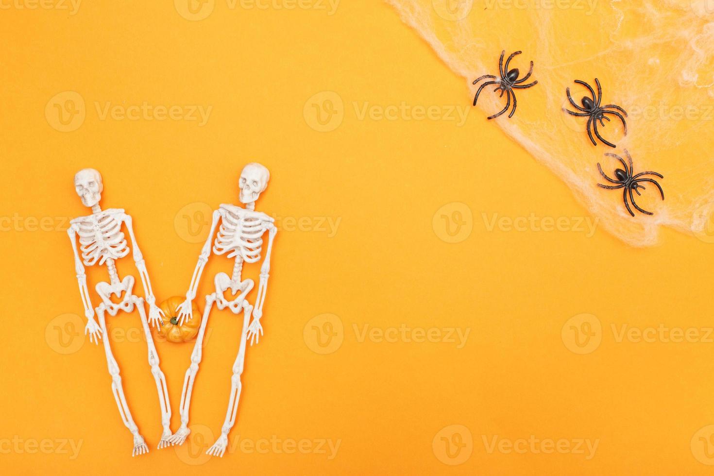 skeletons with pumpkin, spider web and black spiders on orange background. halloween concept photo