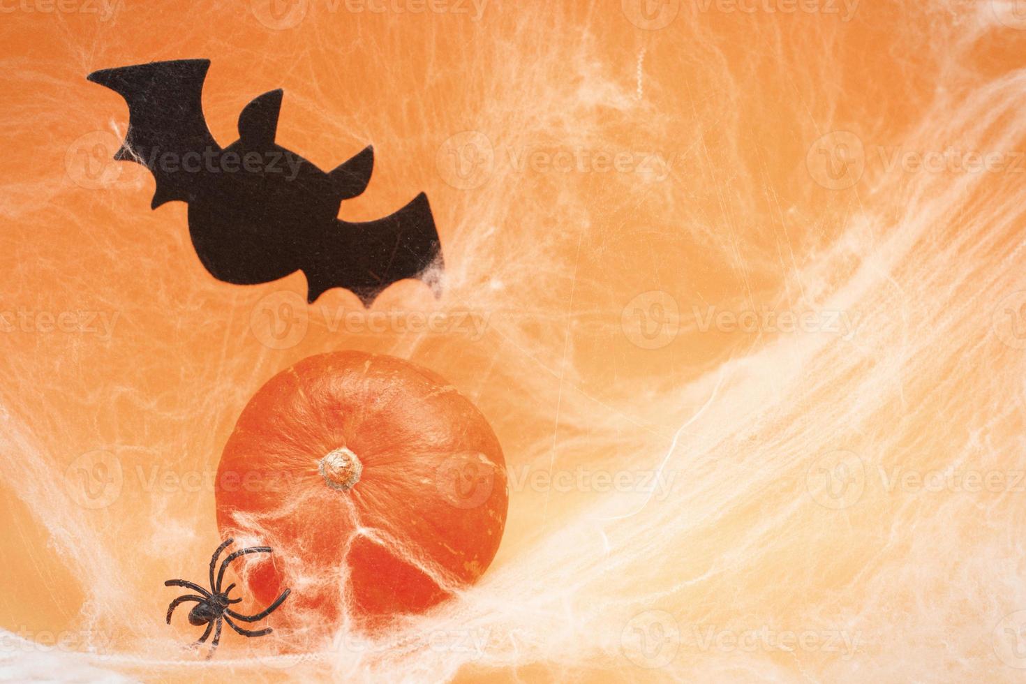 Halloween pumpkin with spider web, bat and black spiders on orange background. photo