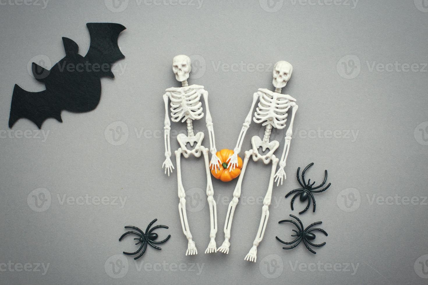 skeletons with pumpkin, bat and black spiders on a grey background. halloween concept photo