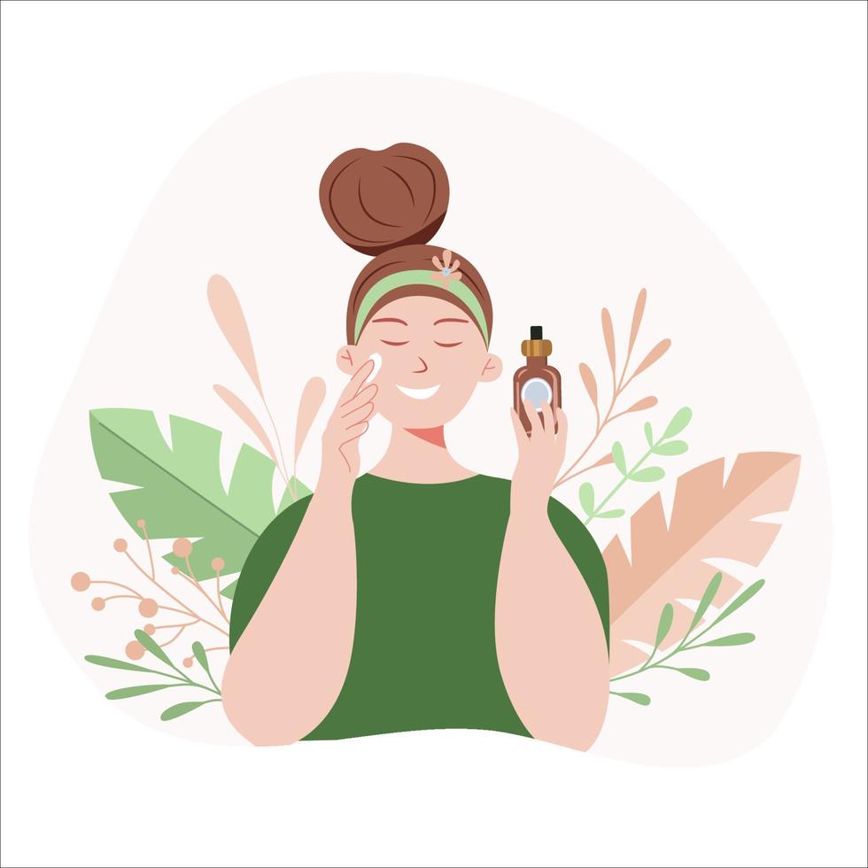 Beautiful young woman applying cosmetic product. Woman face and green plant. Skin care banner. Skincare routine, mask applying and cosmetics. Vector concept illustration.