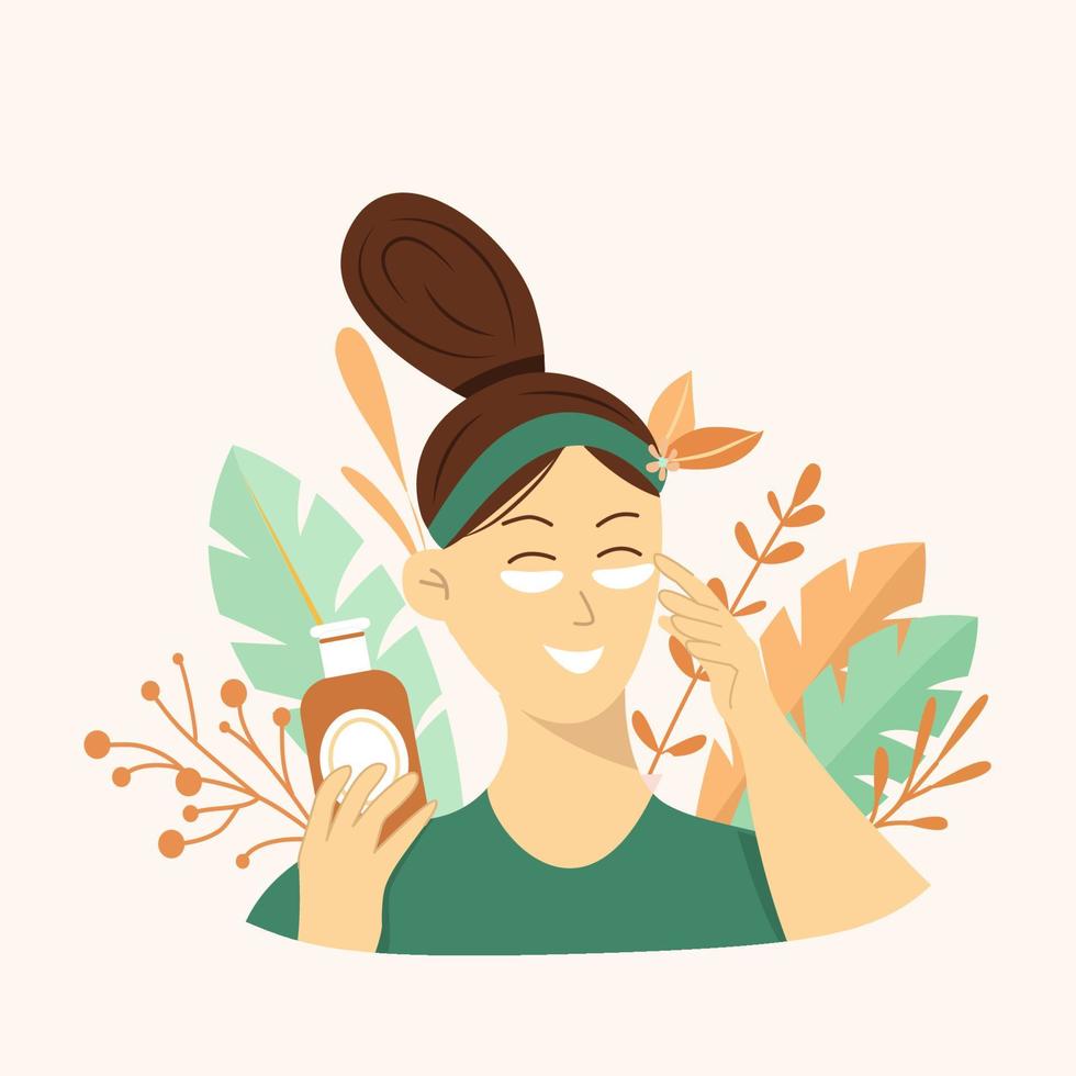 Happy woman doing routine skin care at home with beauty products vector