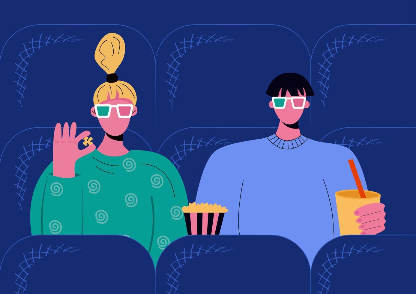 The couple is watching a movie. Male and female characters wearing 3d glasses . Vector flat cartoon illustration
