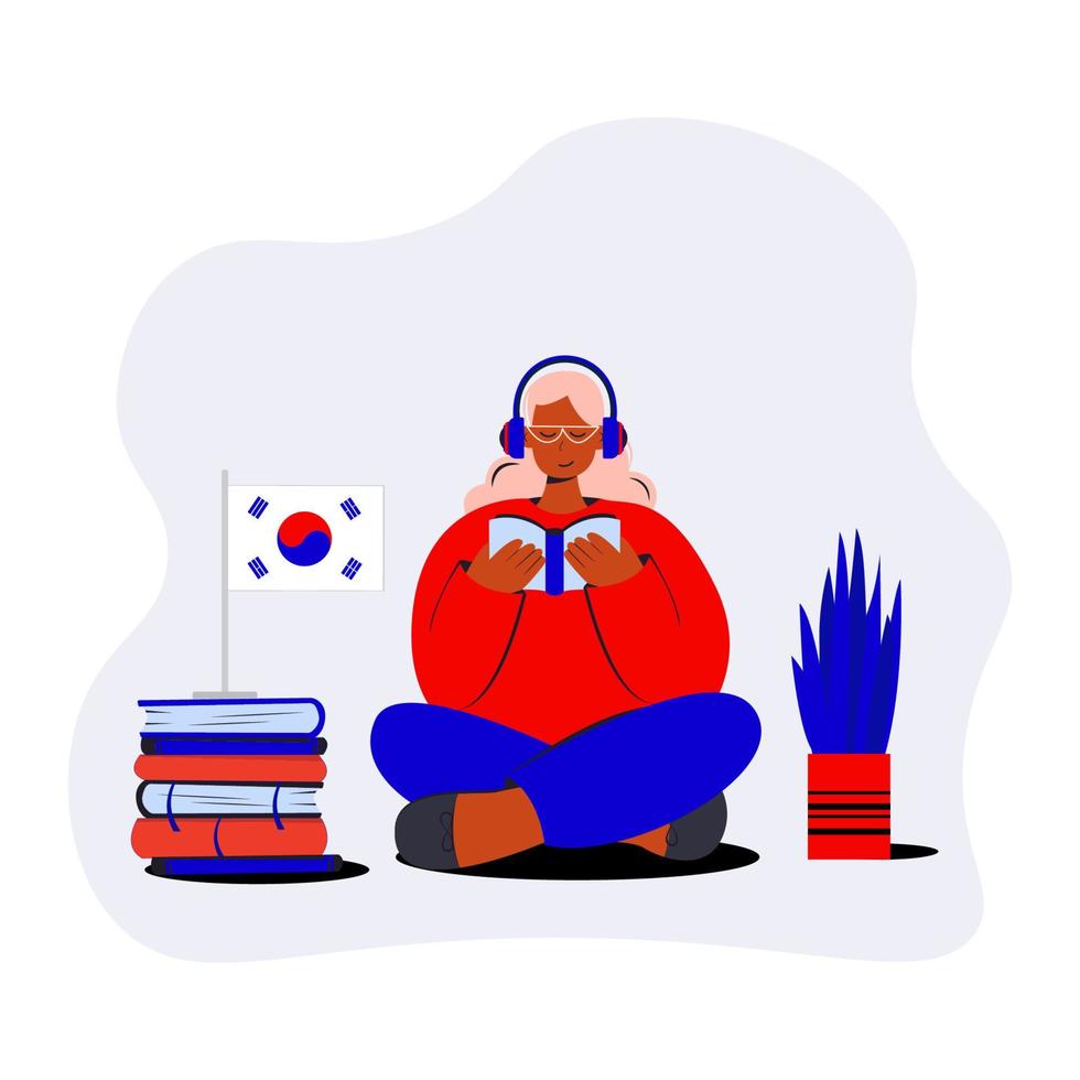 personas aprendiendo ilustración de vector de idioma coreano. educación a distancia de corea, concepto de cursos de aprendizaje en línea. estudiantes leyendo libros personajes de dibujos animados. enseñanza de lenguas extranjeras