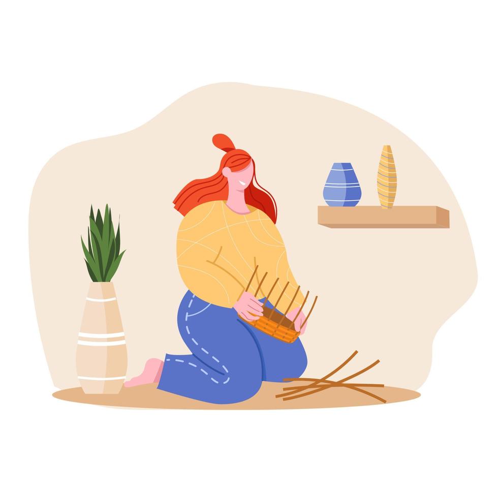 A woman is weaving a handmade basket Hobby, occupation in her free time, relaxation vector