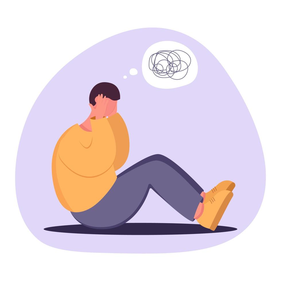 Depression man sit on the floor. Young MAN confused. Anxiety disorder. Insane messy line. vector