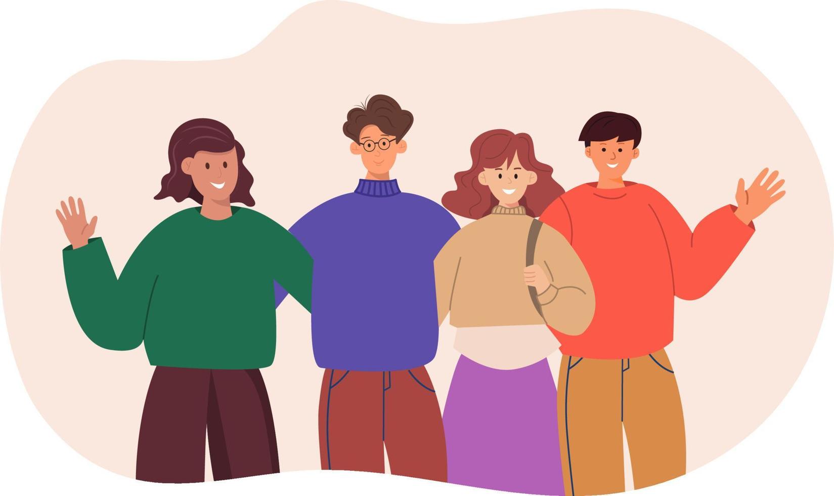 retrato grupal de niñas y niños adolescentes sonrientes o amigos de la escuela parados juntos, abrazándose, saludando con la mano. estudiantes felices aislados sobre fondo blanco. ilustración vectorial de dibujos animados plana vector