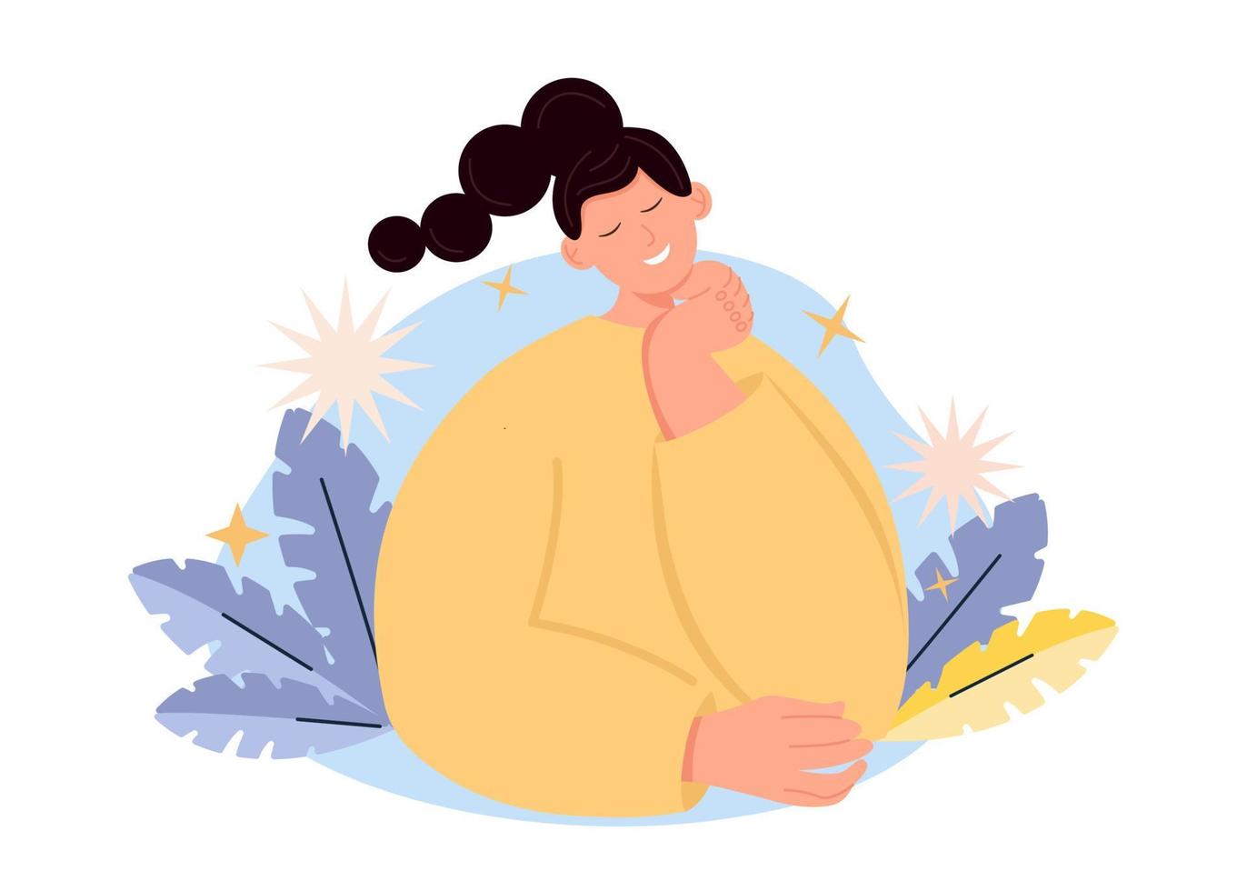 A happy young woman dreams or imagines the future now. A calm smiling girl feels dreamy and thoughtful, makes plans or daydreams. Visualization and imagination. Flat vector illustration.