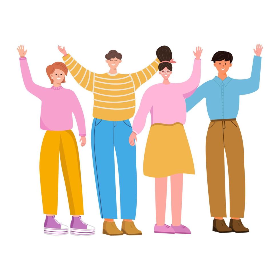 Set of people celebrating win or goal achievement. Happy team or group of friends with hands up isolated on white background. Concept of victory and success. Vector illustration in flat cartoon style