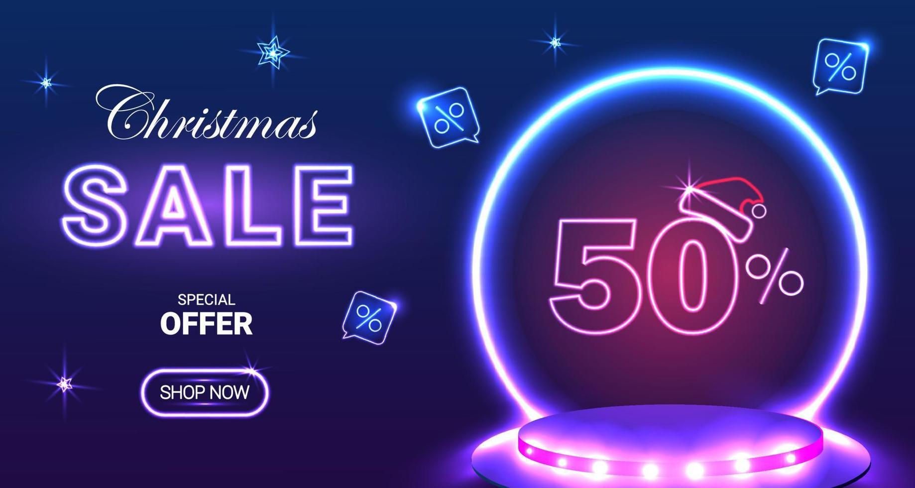 Christmas sale. special offer. Neon fifty off sale banner. Sign board promotion. Vector illustration