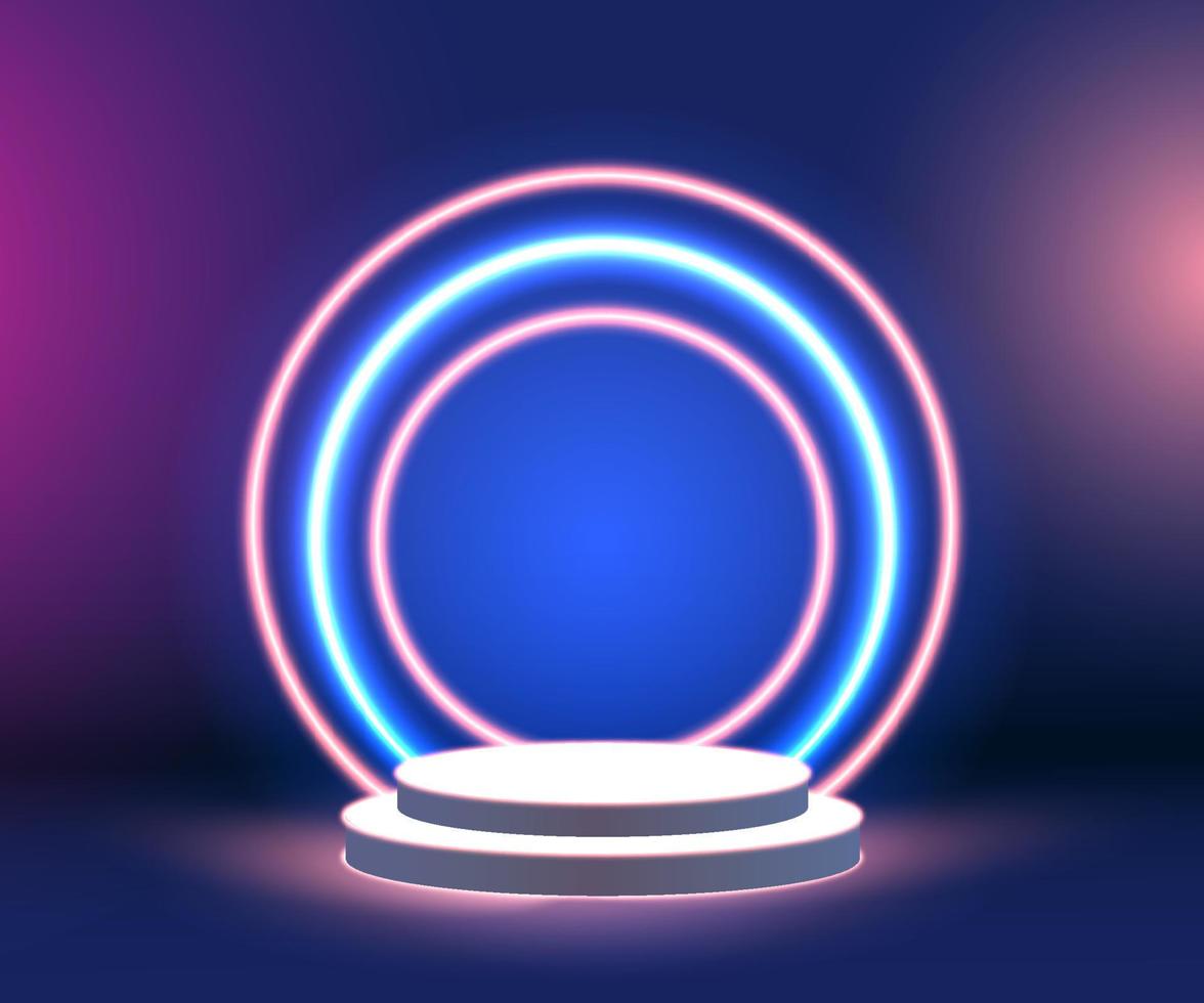 Futuristic empty round pedestal or podium with neon light. Colorful minimal concept design. Abstract modern art illustration for presentation template. Bright 3d render. vector