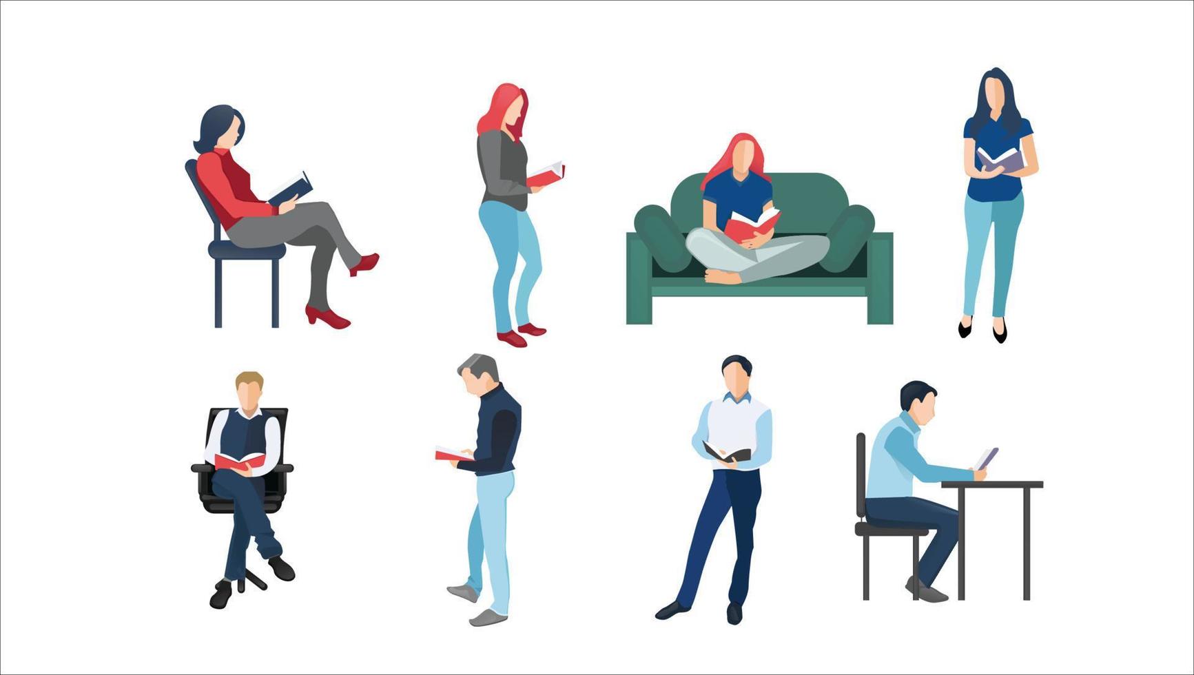 personas, en diferentes poses de lectura. ilustración vectorial vector