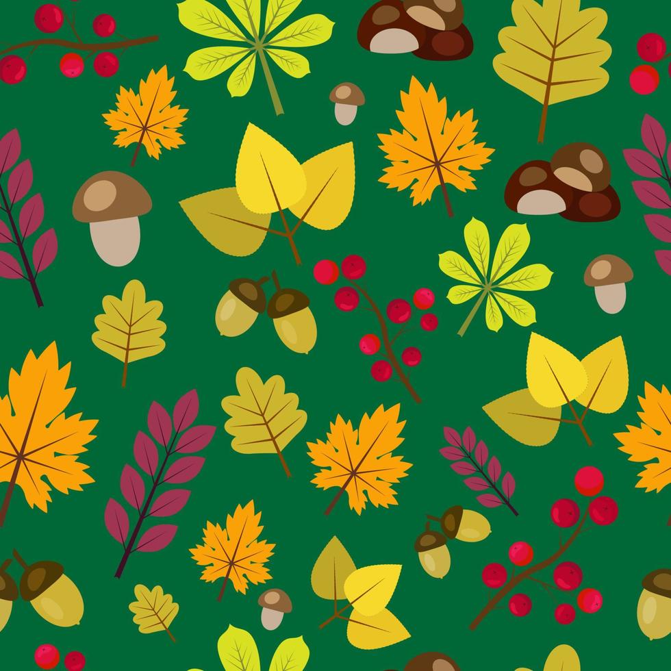 Autumn Seamless pattern with autumn leaves, mushrooms, chestnuts, acorns and berries. Vector illustration