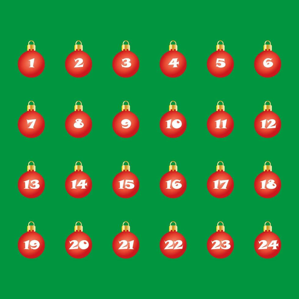calendario de adviento bolas de navidad rojas sobre fondo verde. calendario de adviento cuadrado brillante vector