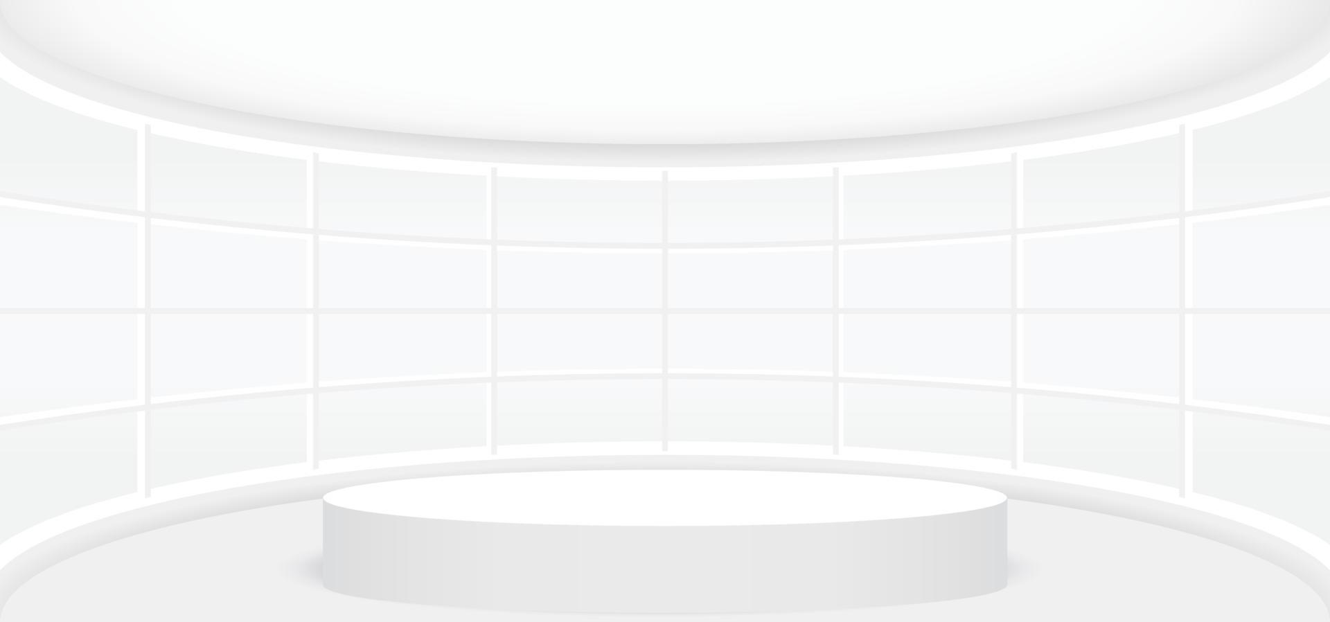 habitación blanca vacía con escenario redondo blanco o podio para exhibición, presentación, maqueta, pedestal de escenario o producto de montaje. ilustración vectorial de plantilla interior 3d abstracta para el fondo. vector