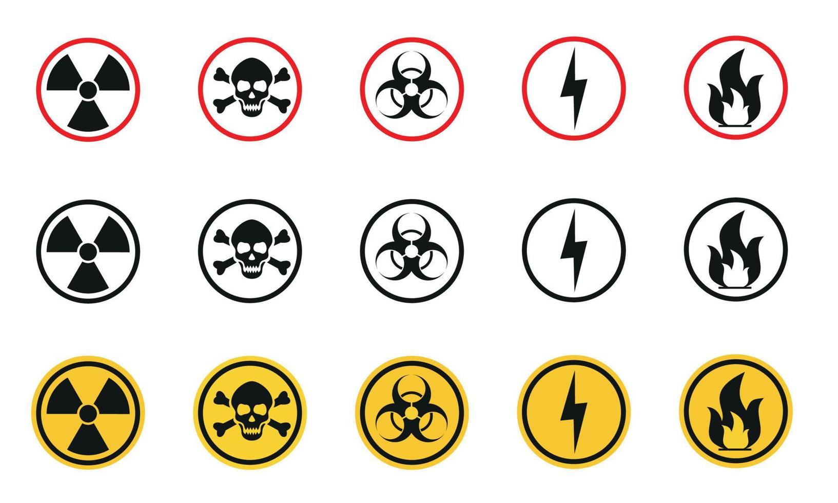 signo amarillo del círculo de advertencia de peligro. signo de radiación, signo tóxico e icono de vector de riesgo biológico aislado en fondo blanco.