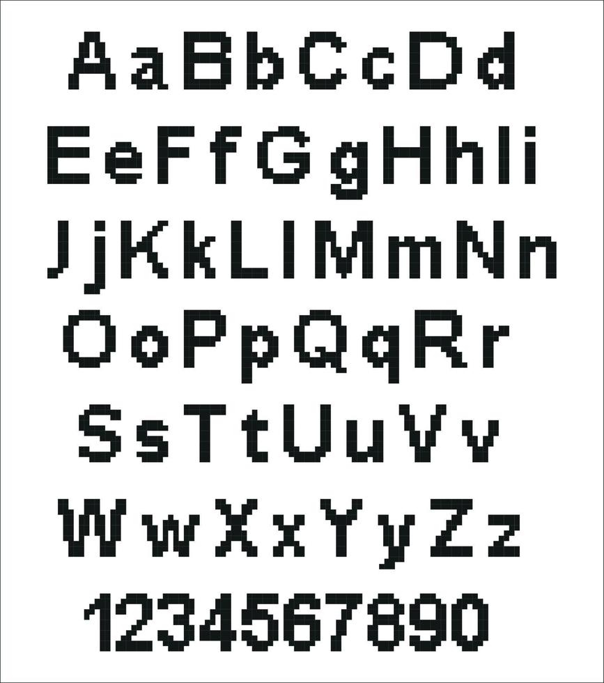 Pixel alphabet letters and punctuation marks. Modern stylish font or typeface for headline in style of 80's retro video game, vintage computer typography. vector