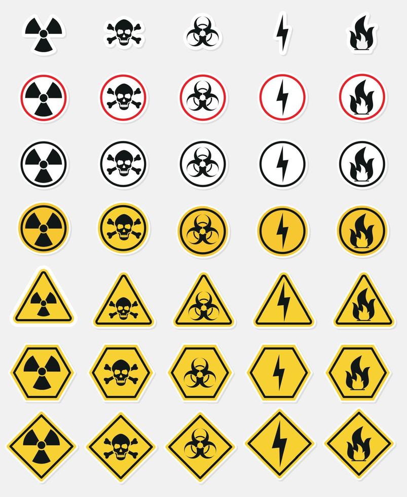 signo amarillo del círculo de advertencia de peligro. signo de radiación, signo tóxico e icono de vector de riesgo biológico aislado en fondo blanco.