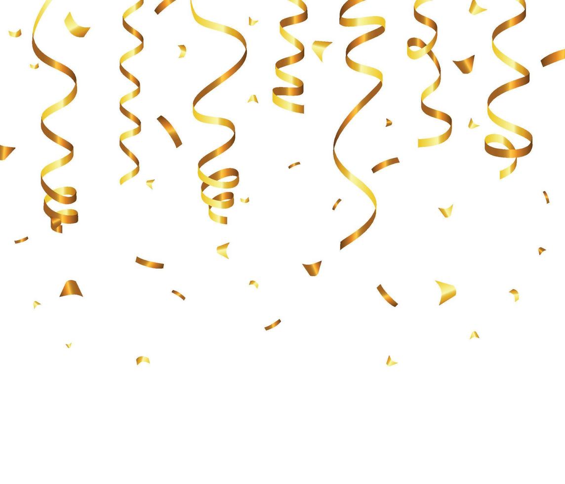 Golden Tiny Confetti And Streamer Ribbon Falling On Transparent Background. Vector