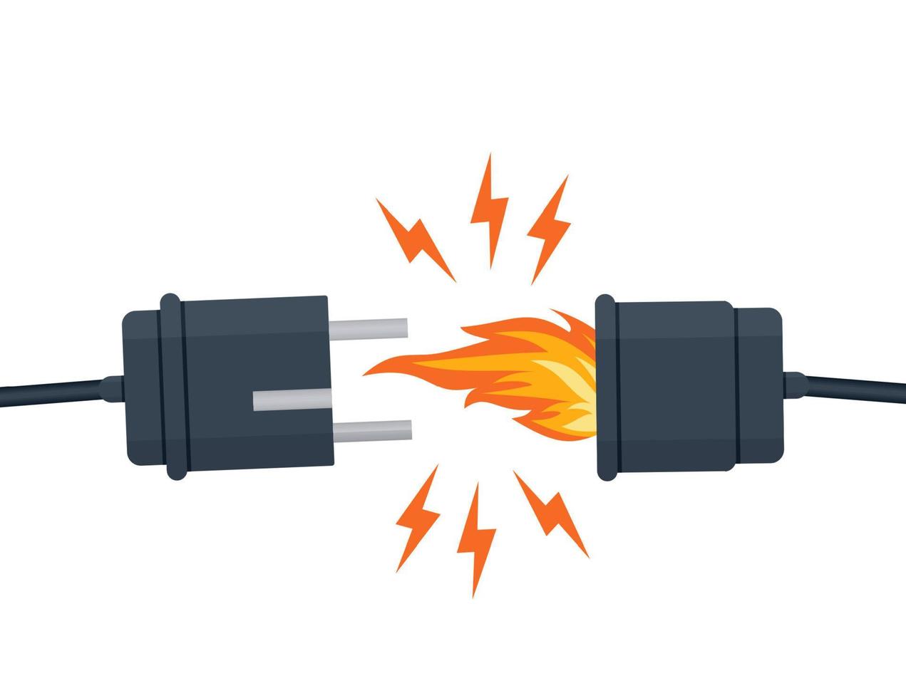 cortocircuito electrico cable dañado defectuoso. fuego por sobrecarga. concepto de seguridad eléctrica. diseño plano de ilustración vectorial. circuito eléctrico de cortocircuito. conexión eléctrica rota. vector