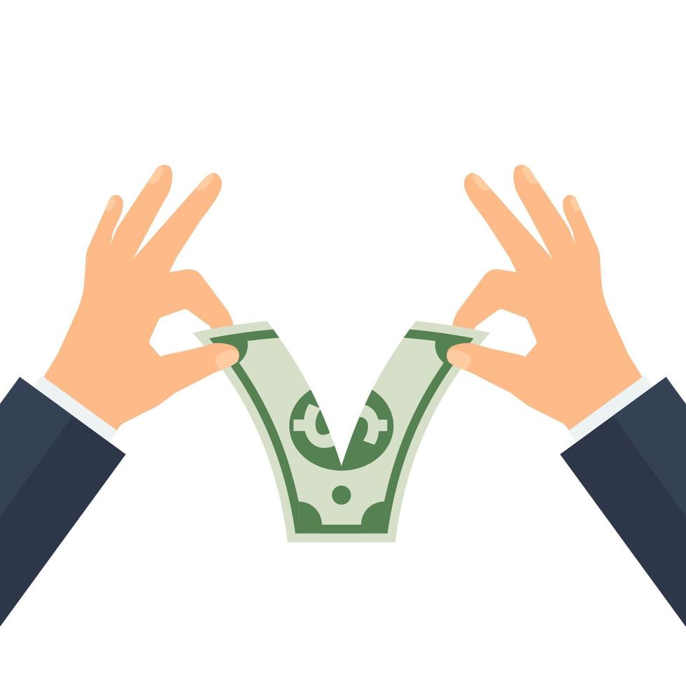 Hands tearing apart dollar money bill in half. Crisis, loss and finance concept. Vector illustration in flat design.